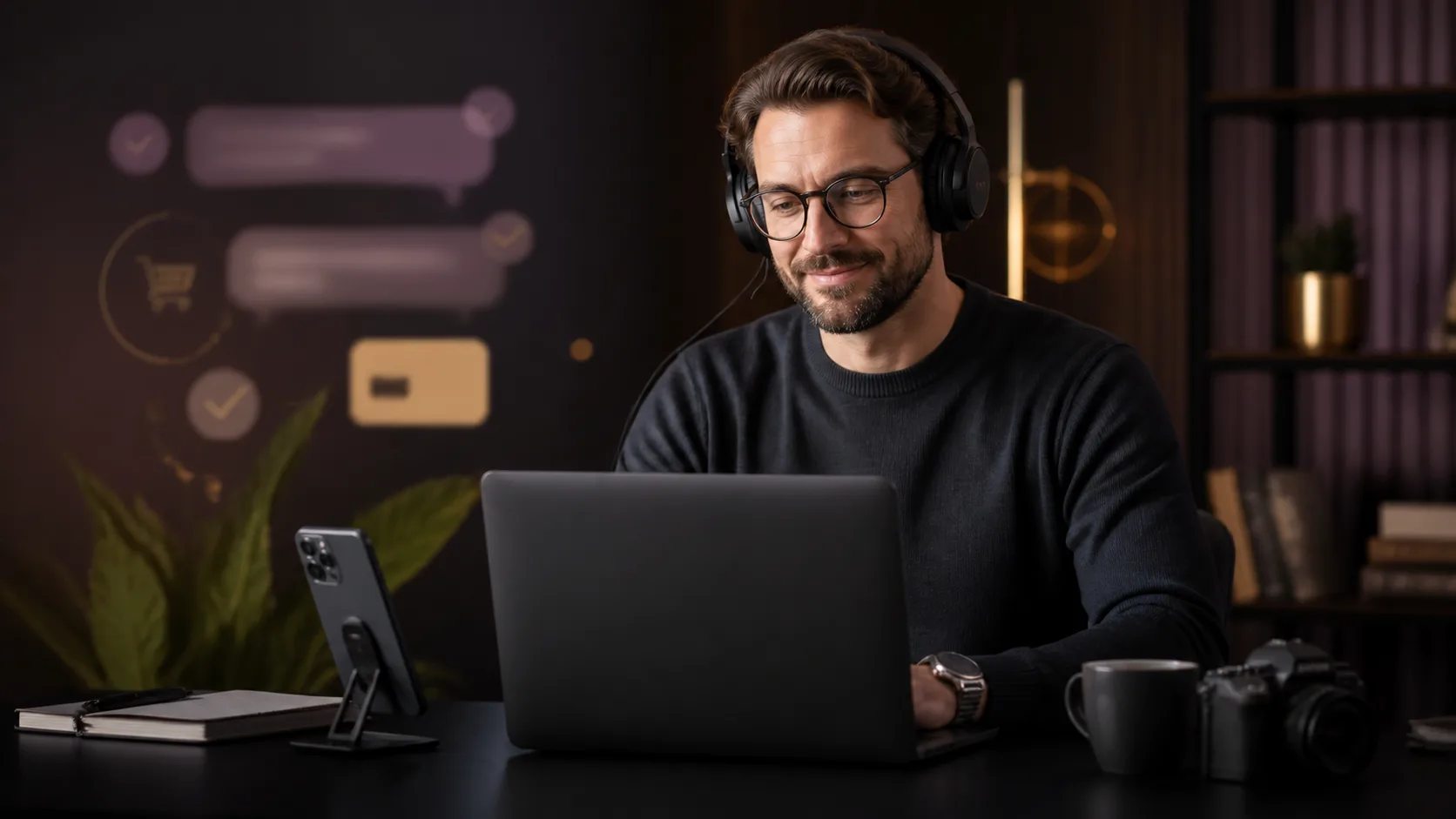 Empreendedor conduzindo vendas digitais e atendimento a clientes brasileiros.
