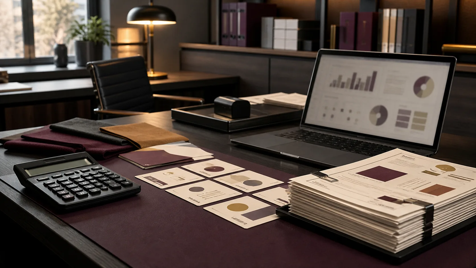 Mesa de operação comercial com documentos, estoque e controle financeiro.